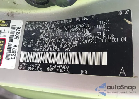 2008 Toyota Sienna Le z USA, uszkodzony, nr VIN 5TDZK23C98S103753